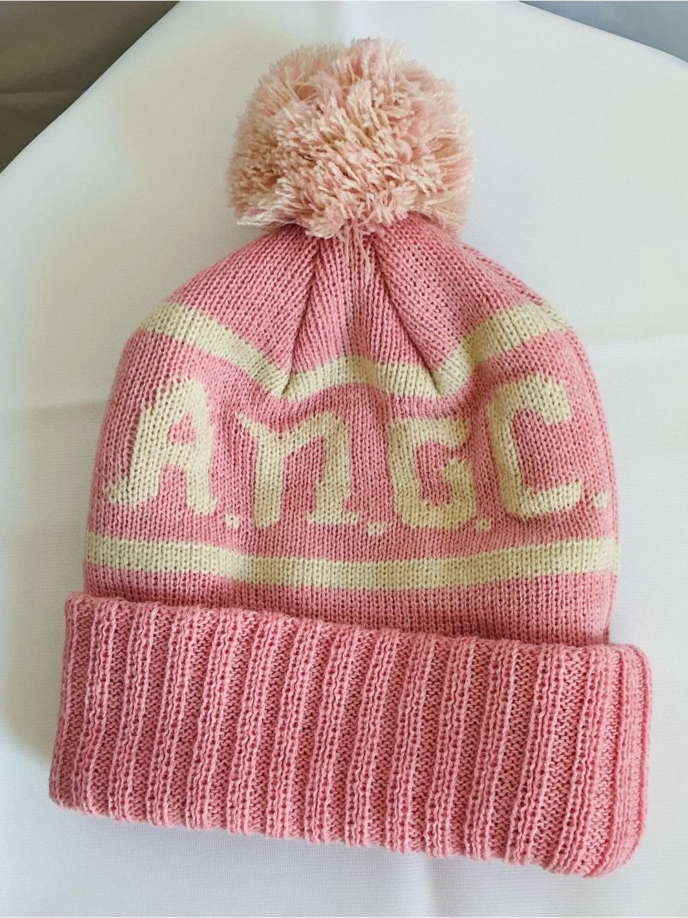 American Needle Pink Knit Pom Pom Beanie with Cream Accents